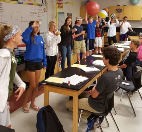 Mrs. McCauley's fourth period class does a scale comparisons of the planets using various sized balls.