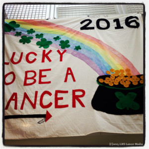 Class of 2016 banner. Features a rainbow, pot of gold, and "Lucky to be a Lancer"