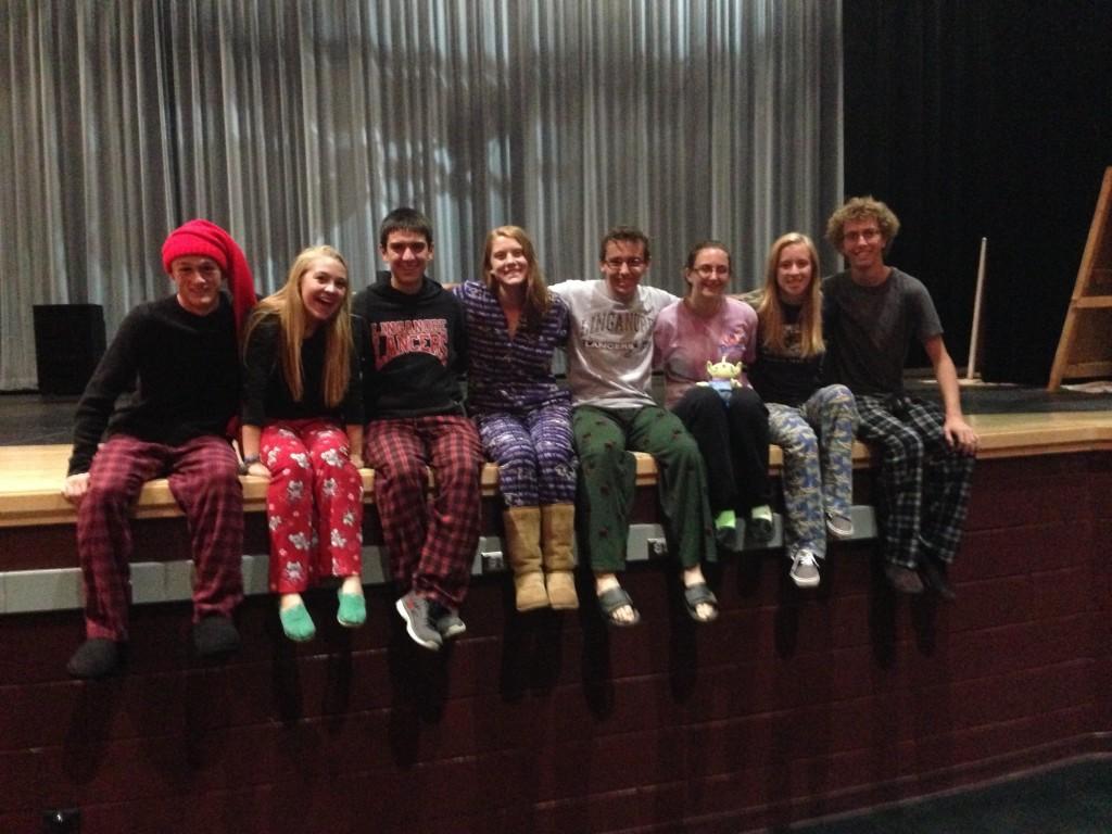 Students in Mr. Lloyds 2nd period marching band class sit on stage with their PJs.
In order, left to right: Matt Raabe, Becca Mormon, Stephen Teti, Lauren Regulinski, Joe Dirndorfer, Lizzie Hushour, Allison de Blois, Riley Bruning.
