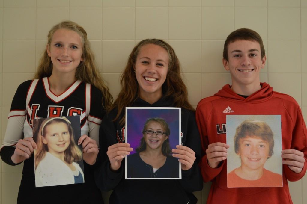 Cassie Wheeles, Maria Pellicier, and Matthew Watson pose with their middle school awkward phase pictures.
