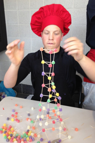 Mike Adams with his gumdrop tower.