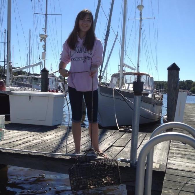 Dee Dee Dolan removes her oysters from the water for the Rock Creek reef restoration project.
