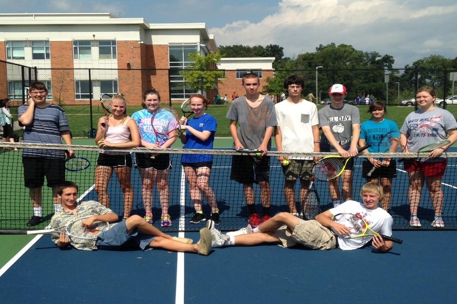Unified Tennis team poses for a picture before practice begins. Back row from L to R; Austin Geck, Abby Hiltke, Erin Lafferty, Miranda Timberlake, Jonathan Massey, Austin Flickenger, Joe Morris, and Sammie Volo. Front L to R; Matt Graziano and Cole Sible