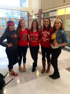 Seniors Isabella Marcellino, Isabella Tilmont, Madeline Sheehy, Alli Hammersla, and Rachel Peterson dress up for team Maryland day. 