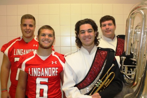 Linganore High football players and band members will team up for the Frederick County Band Festival on October 13.  Picture from L-R: E.J. Donahue, Conner Bannon, Noah Garabedian and Drew Falkenstein.
