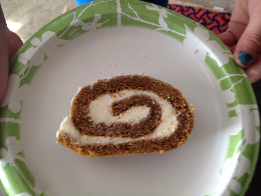 This is what the pumpkin roll looks like when you cut it open. 