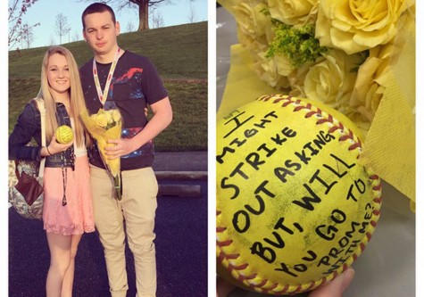 Senior Colin Saylor promposes to senior Kristen Durbin with a message written on a softball.