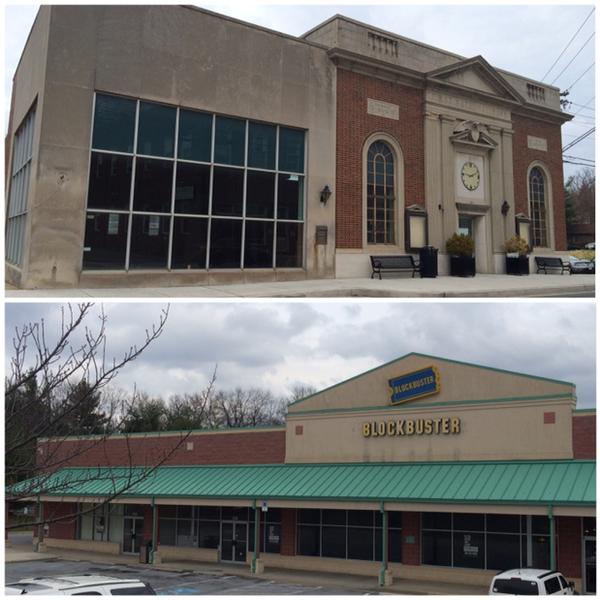 Two of Mount Airys empty buildings (top: Main Street Bank; bottom: Peacock Center Blockbuster) available as commercial real estate.