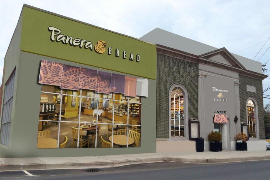 A graphic artist imagines how the empty bank on Main Street would look if it were a Panera restaurant.