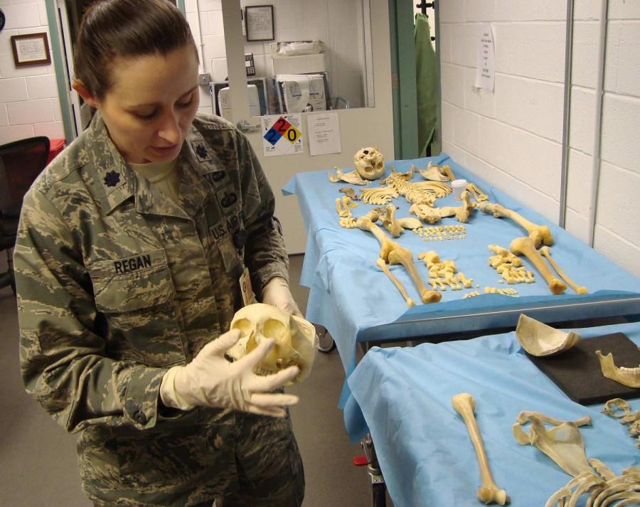 Air Force Lt. Col. Laura Regan, the militarys only active duty forensic anthropologist, examines a donated skeleton in the morgue at the Armed Forces Medical Examiner headquarters in Rockville, Maryland. Regan, 38, is an expert on fragmented remains, cases involving U.S. military members killed by roadside bombs or air crashes in Afghanistan and Iraq.