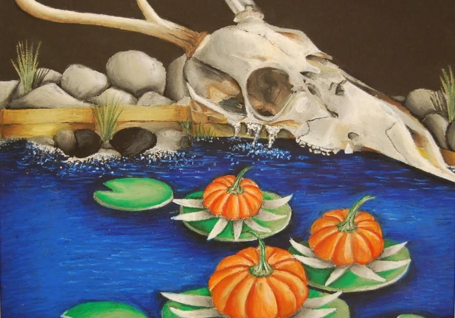 Katies piece won second place over all in the Womens Civic Contest State Division for her drawing Skulls with Pumpkins. She was awarded $100 for this piece.