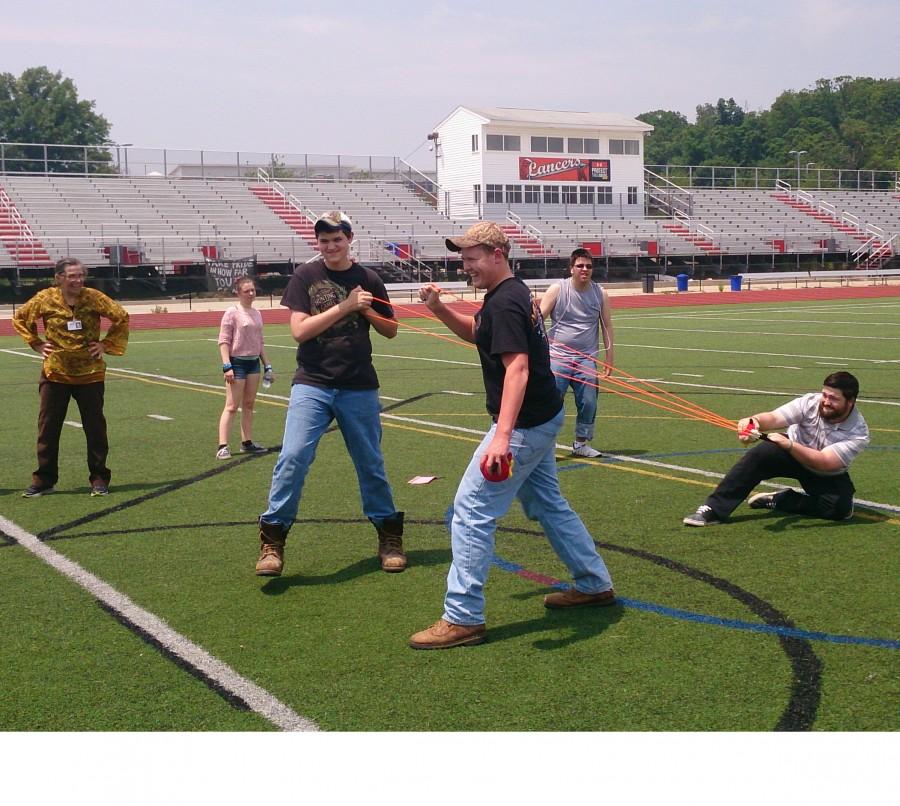Ms. Hartman and Mr. Richs 4th Period Algebra 1B launch Angry Birds across the football field. 
