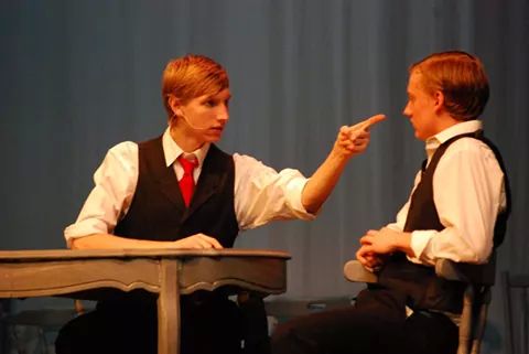 Connolly, as Mr. Webb in Our Town, scolds Jacob Moorman, his son-in-law-to be.