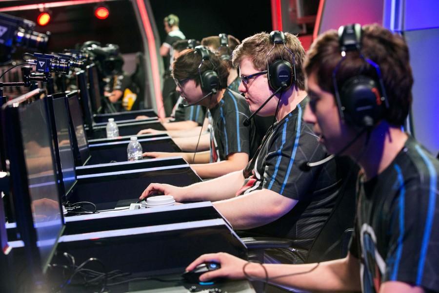 Team Fusion competes  with Team Dignitas during a broadcasted League of Legends tournament event at the Riot Games studio on April 26, 2015 in Los Angeles. 