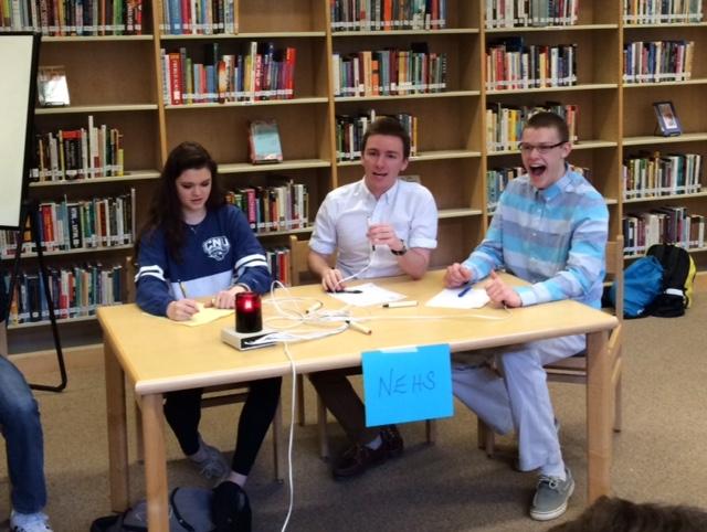 (From left to right) Isabella Tilmont, Ryan Stark, and Carter Schmidt represent the National English Honor Society in the school spelling bee.