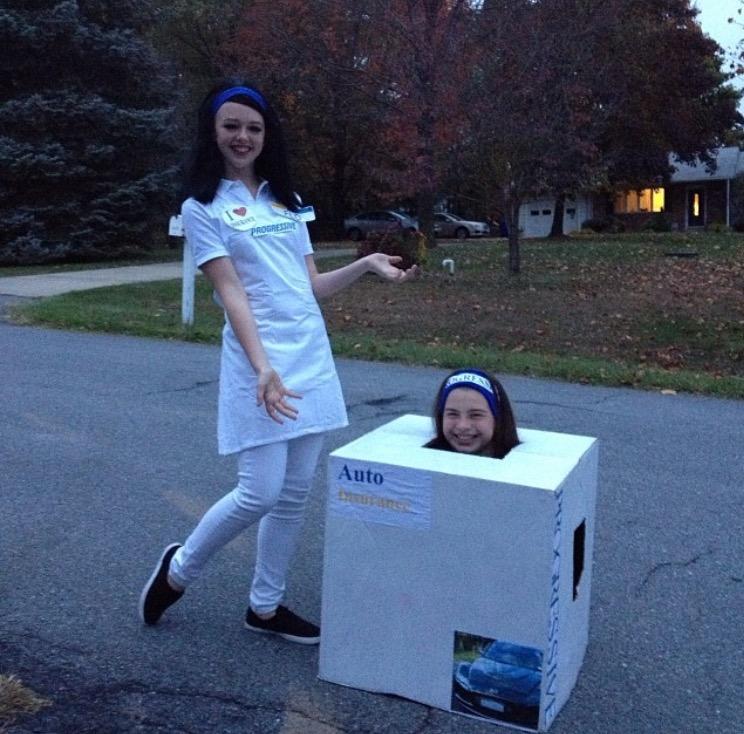 Marlee Steig and Olivia  King go dressed as Flo and auto insurance from the Progressive commercials.