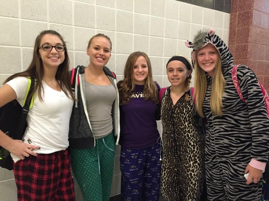 Madison Cook, Maddie Noah, Grace Winpigler, Emily Byrnes, and Brittni Degrange enjoy pajama day.