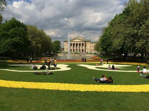 A small park in front of an opera in Poznan, Poland