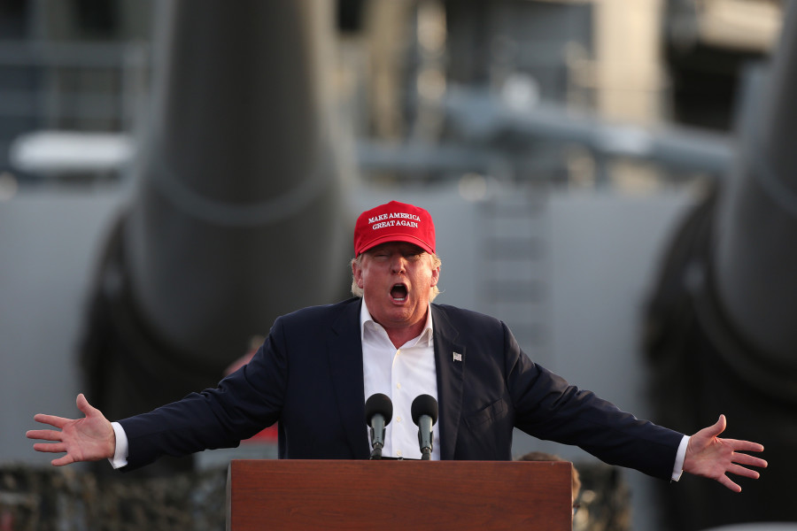 Republican presidential hopeful Donald Trump speaks to supporters aboard the USS Iowa battleship in Los Angeles on Tuesday, Sept. 15, 2015. 