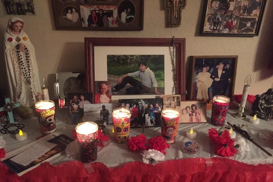 The Alvarez family altar in the beginning stages of being decorated. 