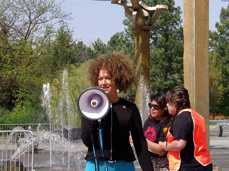Rachel Dolezal speaking at a rally in Spokane