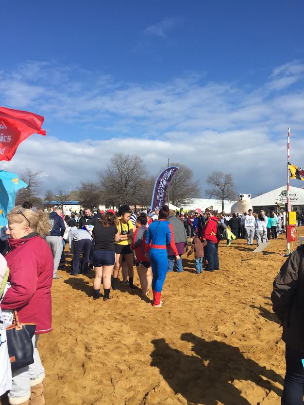 Students wait to plunge into the Chesapeake Bay on Friday, February 5th.