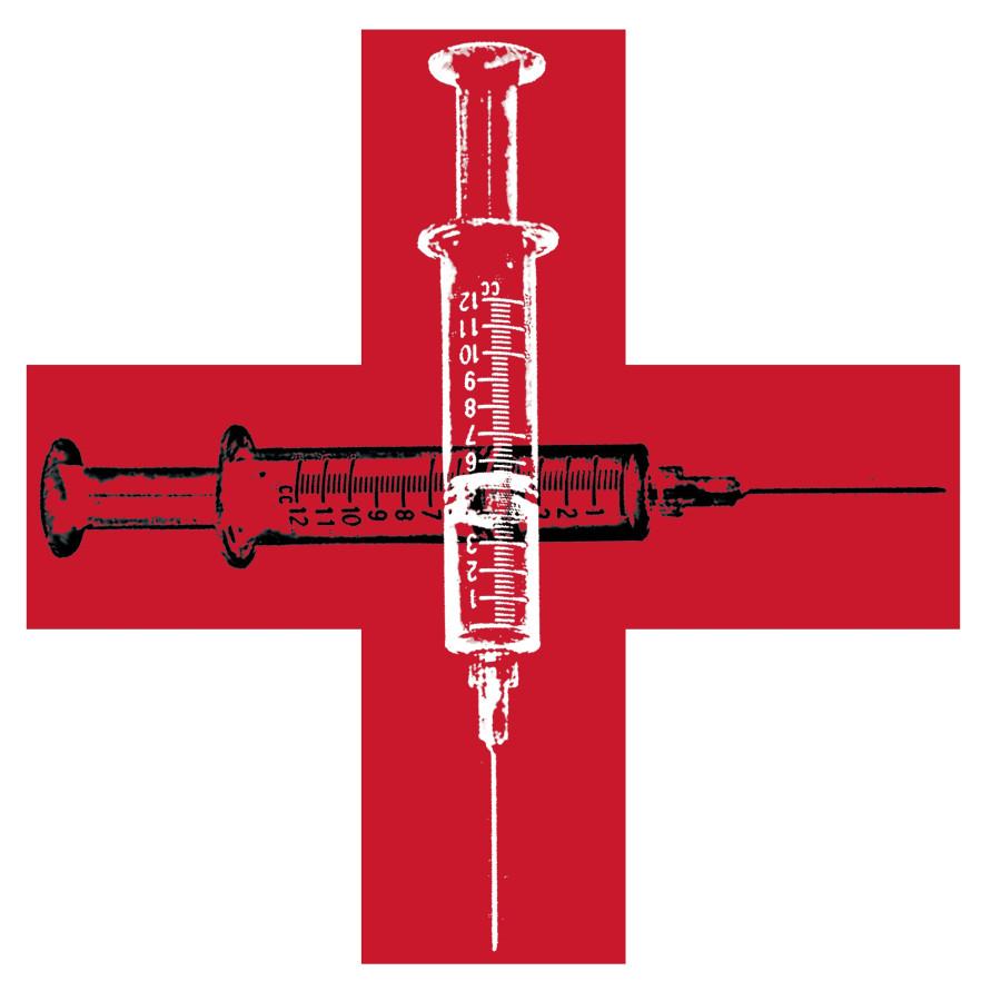 Illustration by Wes Bausmith of crossed hypodermic needles on a red cross