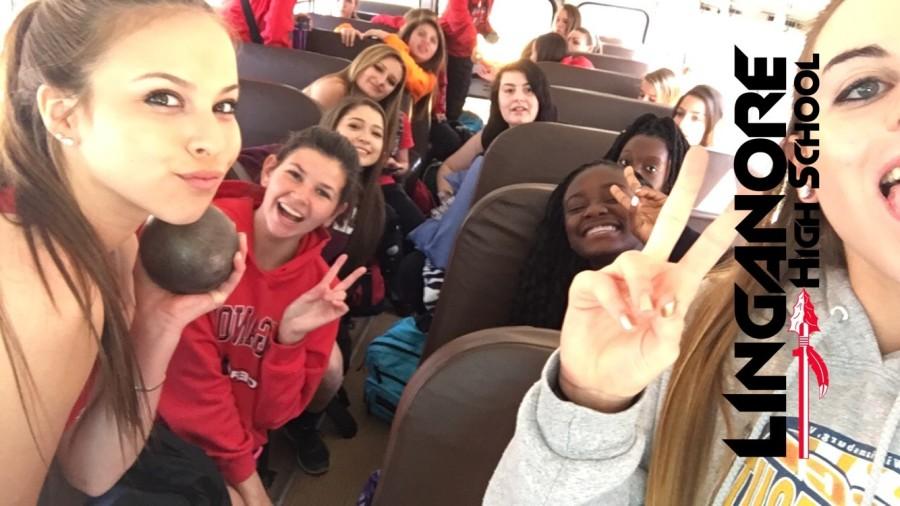 Girls Outdoor track and field team are pumped on their way to  meet at Middletown