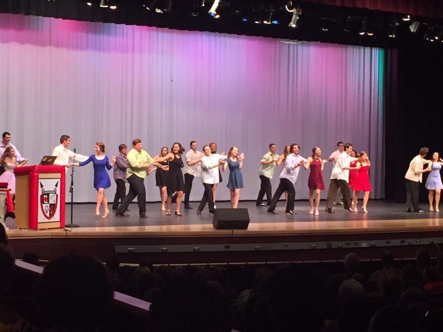 Mr. Linganore 2016 contestants dance the hustle along with their escorts. 