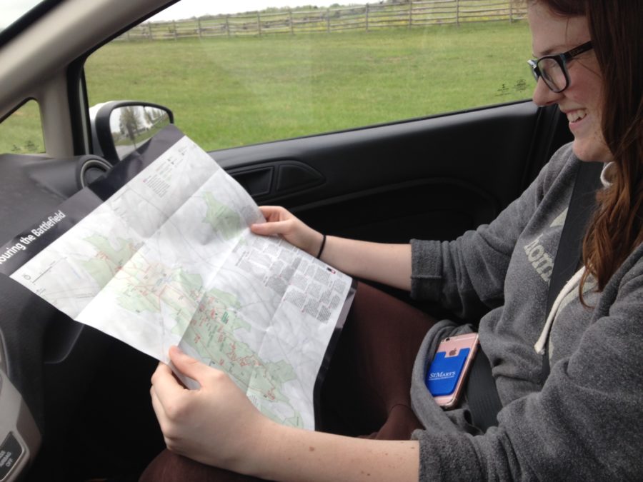 Senior Emily Gorham helps navigate senior Alyssa Mattison through the historical roads of Antietam (and only got lost twice).