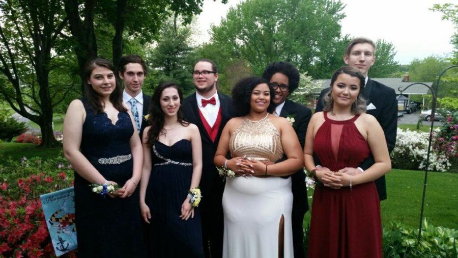 (back row left to right) Junior Michael Vallone, senior Cory Haddock, graduate Awad Osman, senior (and prom king) Kyland Connolly. (front row left to right) seniors Lauren Thompson, Gina DeFrancisci, Briana Pettaway, and George Washington Carver junior Grace Siu smile for the camera before entering the roaring 20s.