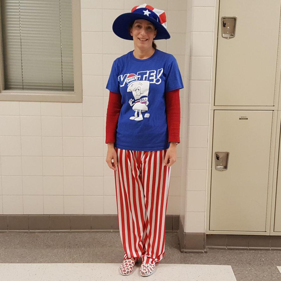 Mrs Hendi dressed up for Halloween and encourages all to vote in the 2016 election.