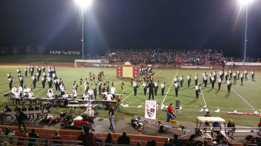 The marching band performs during halftime at the homecoming game.
