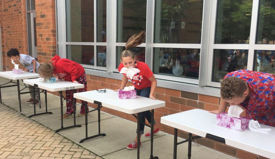 Students on second lunch shift (from left to right) Miles Hannon, Maggie McCrossin, Brenna Lindsay and Anthony Sparacino, competed in the tissue challenge.