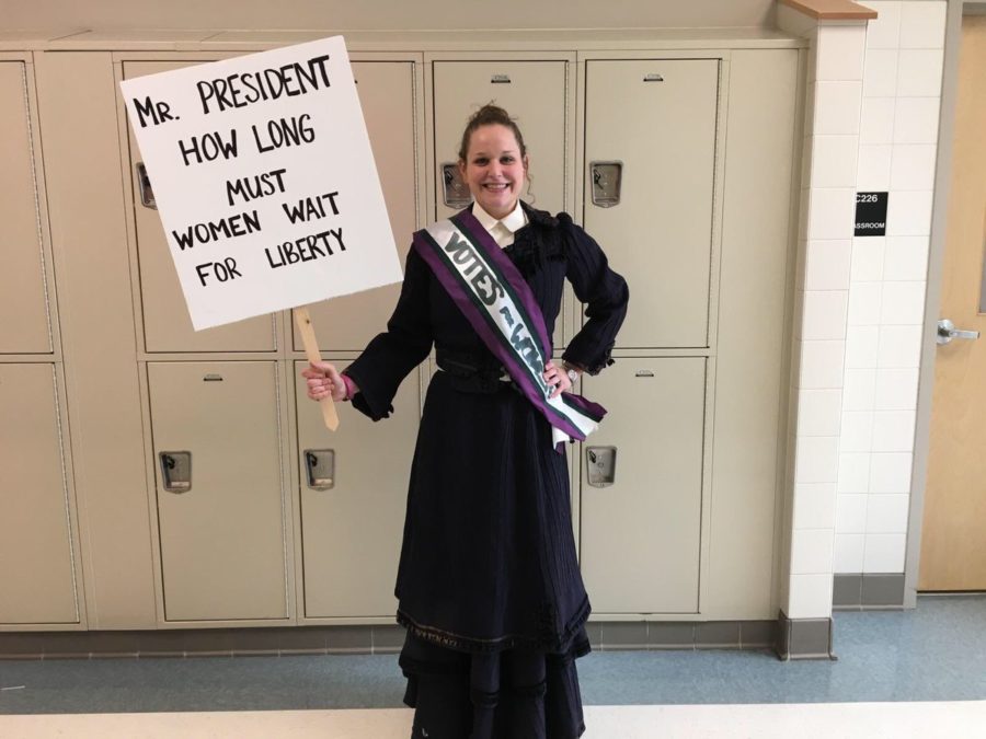 Mrs. Angela Smithhisler dressed as a womans suffragist.