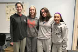 Journalism class-members Nicole Muller, Elizabeth Anderson, Victoria Rock and Grace Gaydosh look comfy in their groufits.