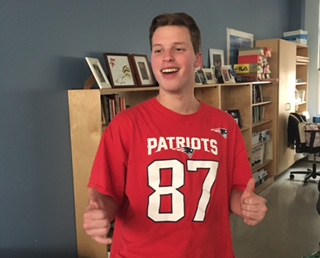Matthew Gelhard sports his Patriots shirt after their Super Bowl victory.