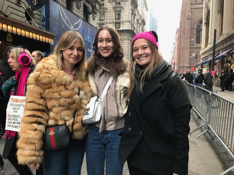 Zoe Cohen (left), Morgan Maher (center), and Claudia Frolova (right) on the streets of New York City.