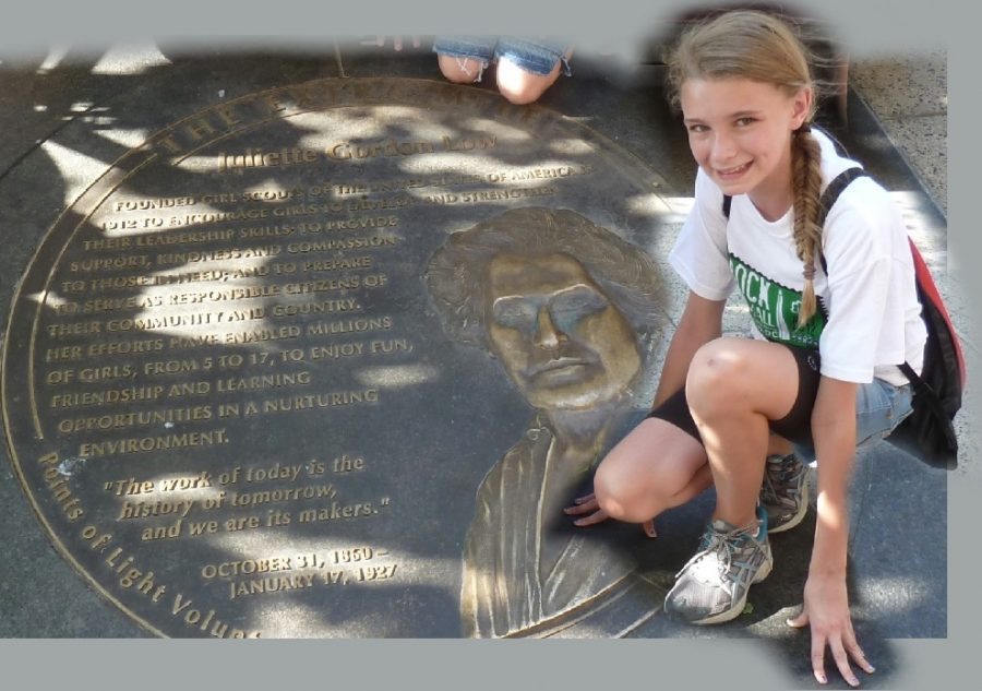 Kelsey Ward, at age 12,  next to the Juliette Gordon Low medallion in Washington, D.C.