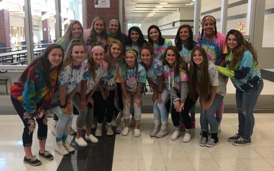 Class of 2018 girls in tie-dye for class color day.