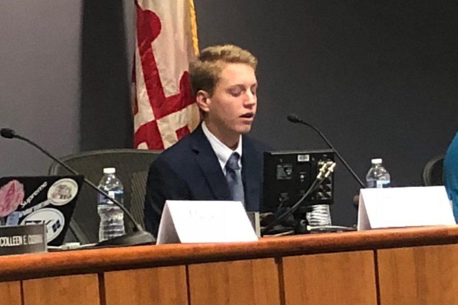 Dominic Barbagallo presents his speech during a Student Member of the Board meeting