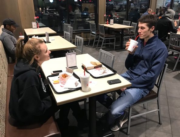 Seniors Kelsey Ward and Tommy Moyer dining at Chick-Fil-A  to support Safe and Sane.