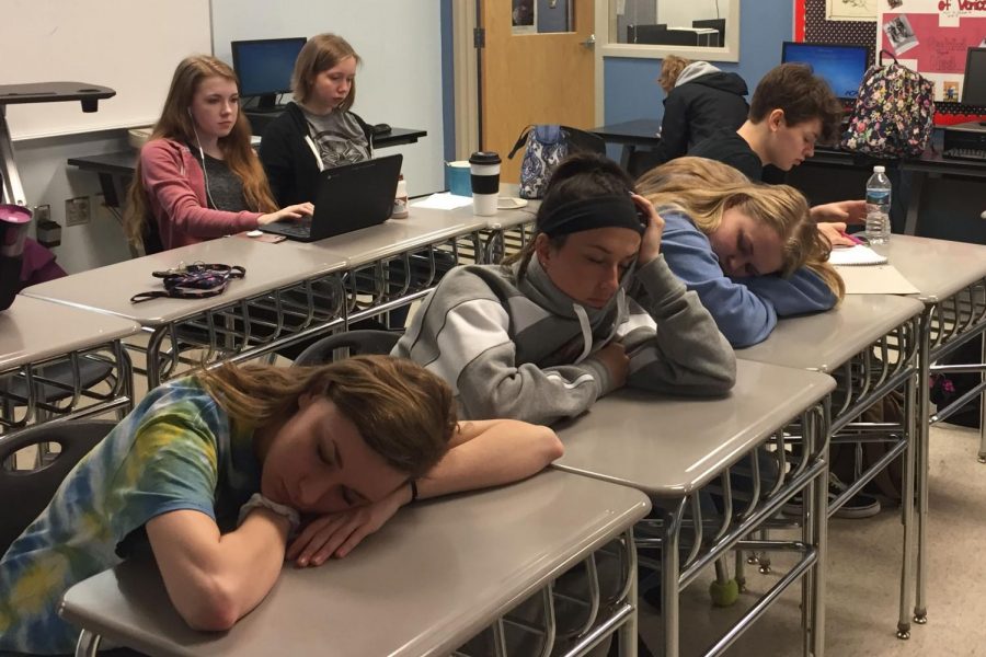 We need more sleep! Kelsey Ward, Bridget Murphy, and Lilly Player are exhausted in class.