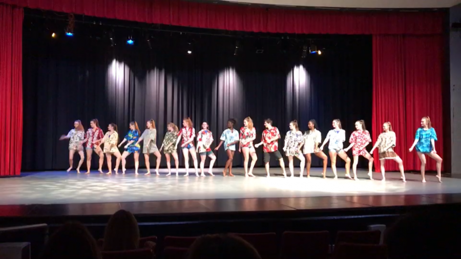 Dance class students perform Good Vibrations at the All-County Dance Showcase. 