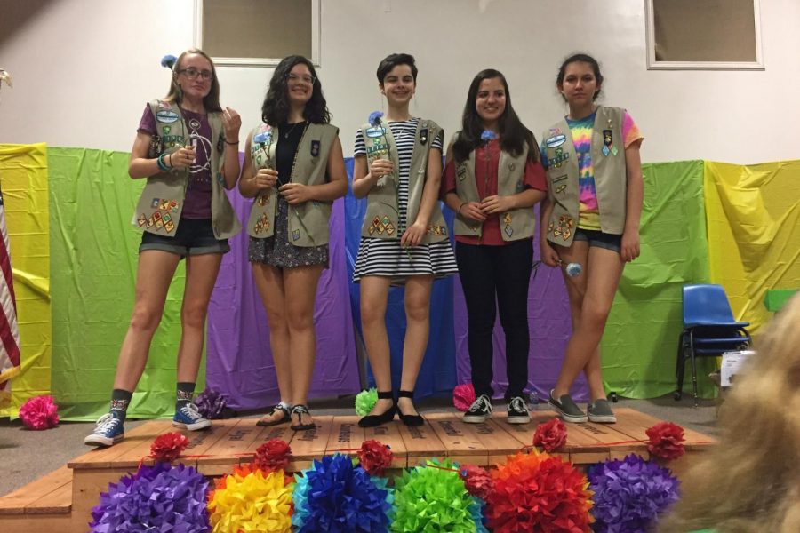 Alyson Sniffen, second from left, poses on bridge after Girl Scout bridging ceremony with Abbey Parker, Dana Kullgren, Yesenia Montenegro, and Keekee Myers