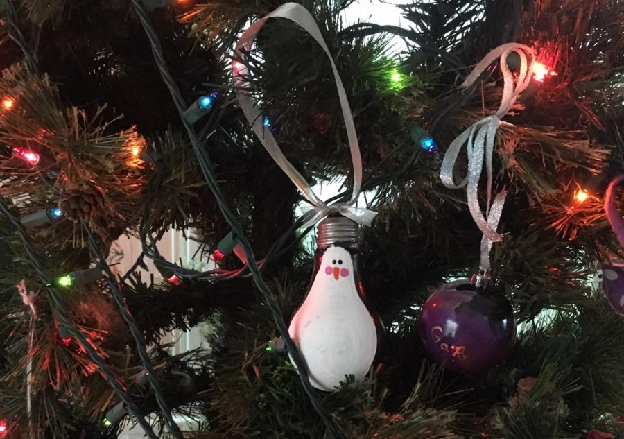 Your finished product is a DIY penguin light bulb ornament!