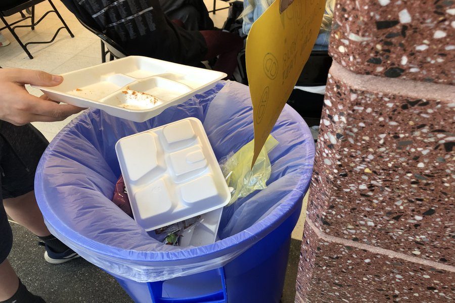 Students incorrectly dispose of Styrofoam.