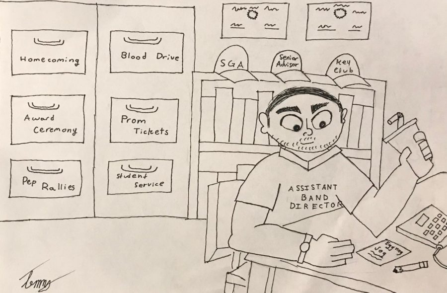Mr. Brown works in his office while he organizes many events. 