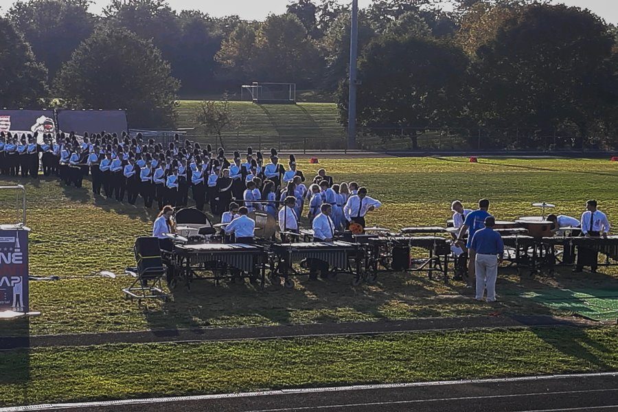 The marching band lines up to start their performance at the U.S. band competition.