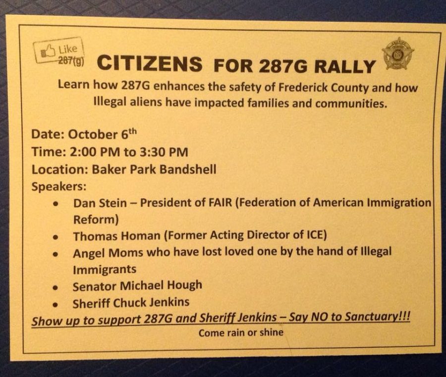 A flyer passed out at the Great Frederick Fair for the pro-287(g) rally on October 6.